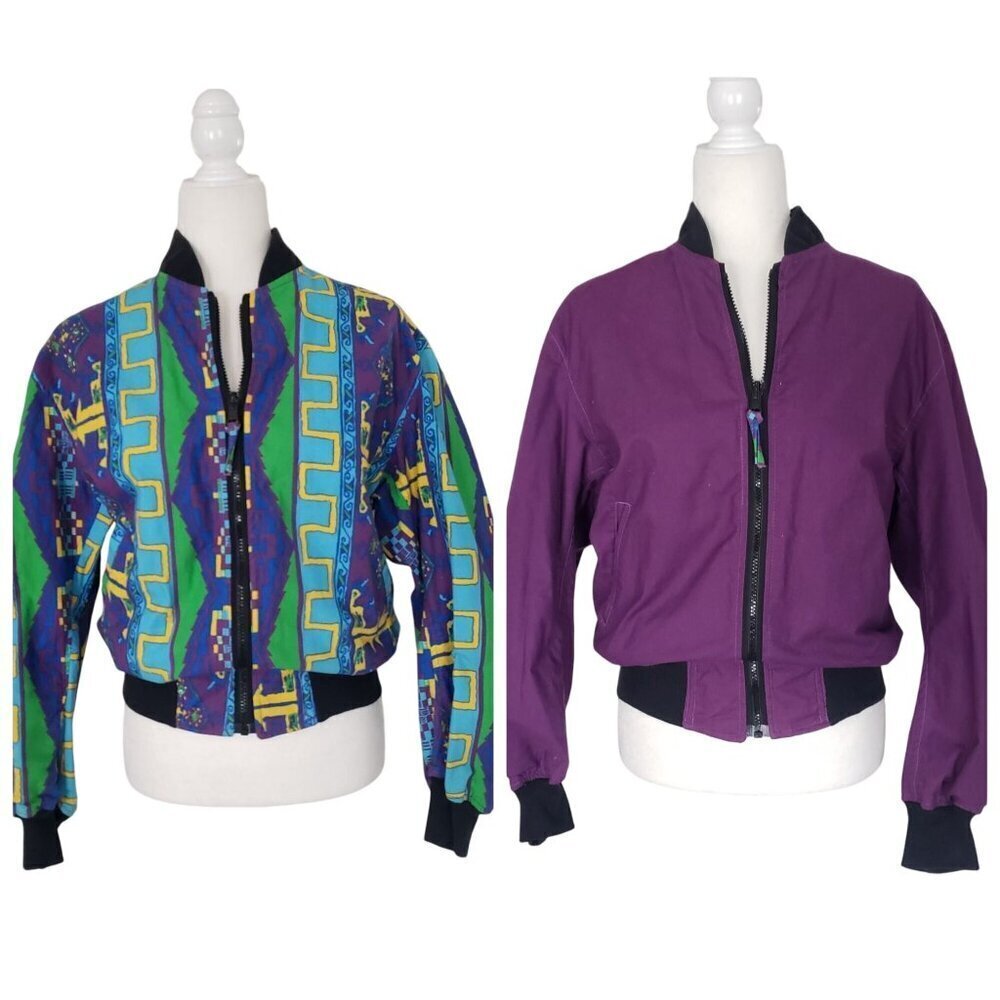 80s Vtg Reversible Bomber Jacket Colorful Batik African Aztec Abstract Tribal MD